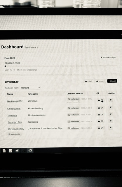 Dashboard von inventarmich.de mit Objektübersicht, Bild privat